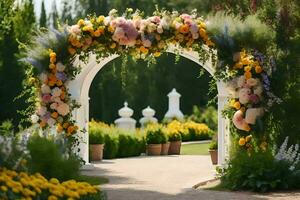 un' nozze arco decorato con fiori e verde. ai-generato foto