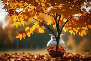 un' vaso con le foglie nel esso su un' autunno giorno. ai-generato foto