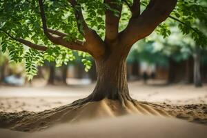 un' albero con radici nel il sabbia. ai-generato foto