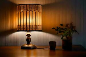 un' lampada con un' di legno base e un' ombra. ai-generato foto