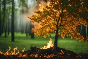 un' albero è ardente nel il mezzo di un' foresta. ai-generato foto