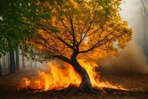 un' albero è ardente nel il foresta. ai-generato foto