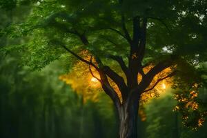 un' albero con luci su esso nel il mezzo di il notte. ai-generato foto