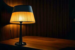 un' lampada su un' tavolo nel un' buio camera. ai-generato foto