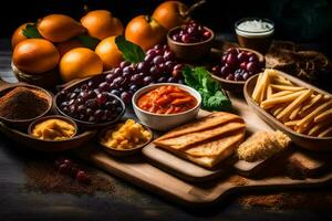 un' di legno vassoio con vario Alimenti Compreso arance, uva, e formaggio. ai-generato foto