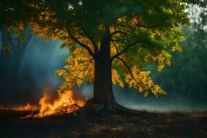 foto sfondo il cielo, fuoco, alberi, il foresta, il alberi, il foresta, il. ai-generato