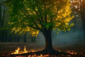 un' albero con fiamme e Fumo nel il sfondo. ai-generato foto