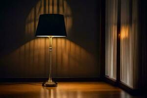 un' lampada su un' di legno pavimento nel davanti di un' finestra. ai-generato foto
