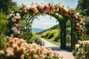 un arcata con fiori e verde. ai-generato foto