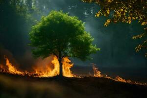 un' albero è ardente nel il foresta. ai-generato foto