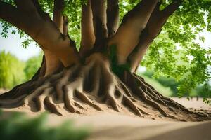 un' albero con radici nel il sabbia. ai-generato foto