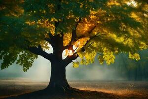 un' albero con un' sole splendente attraverso esso. ai-generato foto