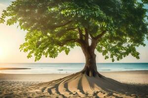 un' albero su il spiaggia con sabbia e acqua. ai-generato foto