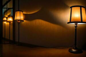 un' lampada è su un' tavolo nel un' buio camera. ai-generato foto