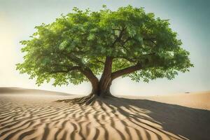 un' albero nel il deserto con sabbia dune. ai-generato foto