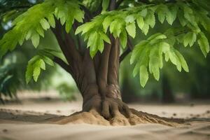 un' albero con radici nel il sabbia. ai-generato foto