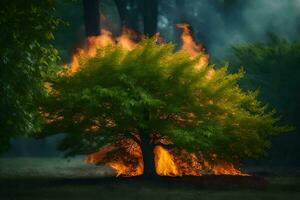 un' albero con fiamme In arrivo su di esso. ai-generato foto