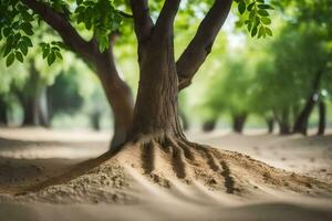 un' albero con radici nel il sabbia. ai-generato foto