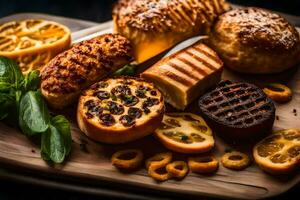 grigliato formaggio, pane e altro cibo su un' di legno taglio tavola. ai-generato foto