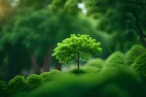 un' piccolo albero è in piedi nel il mezzo di un' verde campo. ai-generato foto