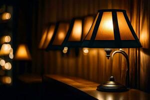 un' riga di lampade su un' tavolo nel un' buio camera. ai-generato foto