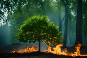 un' albero è ardente nel il mezzo di un' foresta. ai-generato foto