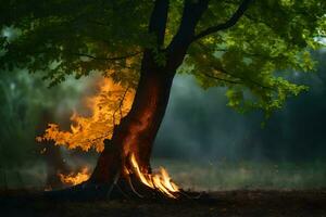 un' albero con fiamme In arrivo su di esso nel il mezzo di il notte. ai-generato foto