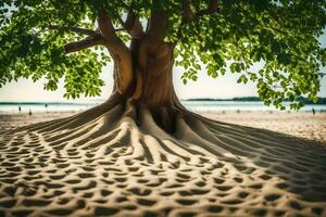 un' albero con radici su il sabbia. ai-generato foto