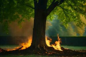 un' albero con fiamme In arrivo su di esso. ai-generato foto