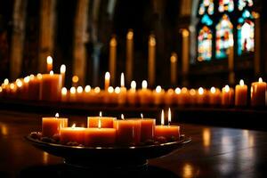 candele nel un' Chiesa con candele illuminato nel il sfondo. ai-generato foto