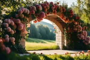 un' fiore arcata nel il mezzo di un' campo. ai-generato foto