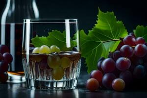 un' bicchiere di vino e uva su un' buio sfondo. ai-generato foto