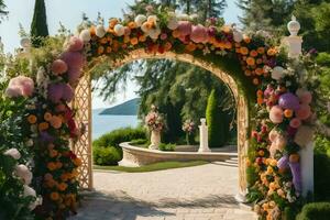 un' nozze arco decorato con fiori e verde. ai-generato foto