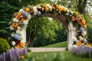 un' nozze arco decorato con fiori nel il parco. ai-generato foto