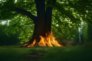 un' albero con fiamme In arrivo su di esso nel il mezzo di il foresta. ai-generato foto