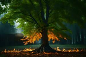 foto sfondo il cielo, albero, fuoco, il foresta, il notte, il foresta, il. ai-generato