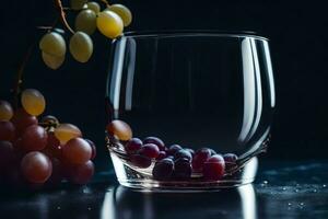 un' bicchiere di vino con uva su un' buio sfondo. ai-generato foto