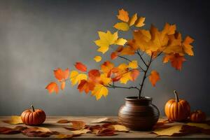 autunno le foglie nel un' vaso con zucche su un' tavolo. ai-generato foto
