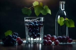 un' bicchiere di acqua e uva su un' tavolo. ai-generato foto
