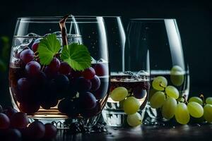 uva e vino nel bicchieri su un' buio tavolo. ai-generato foto