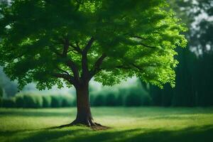 un' albero è in piedi nel il mezzo di un' verde campo. ai-generato foto