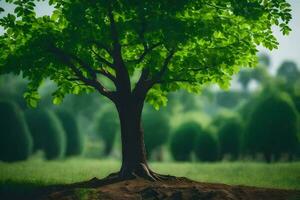 un' albero è in piedi nel il mezzo di un' campo. ai-generato foto