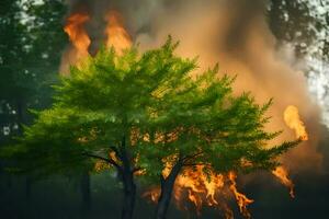 un' albero è ardente nel il foresta. ai-generato foto