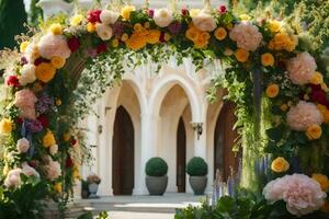 un' nozze arco decorato con fiori. ai-generato foto