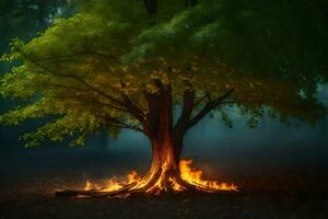 un' albero con fiamme In arrivo su di esso nel il scuro. ai-generato foto