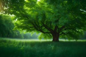 un' grande albero nel il mezzo di un' verde campo. ai-generato foto