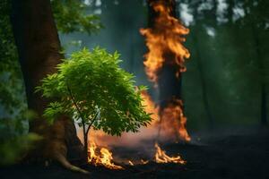 un' albero è ardente nel il foresta. ai-generato foto