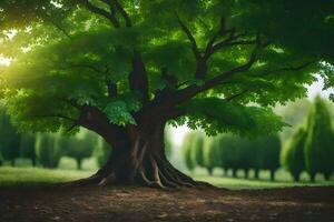 foto sfondo il cielo, alberi, erba, il sole, alberi, il foresta, il albero. ai-generato