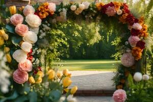 un' nozze arco fatto di fiori nel il giardino. ai-generato foto
