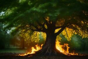 un' albero con fiamme In arrivo su di esso. ai-generato foto